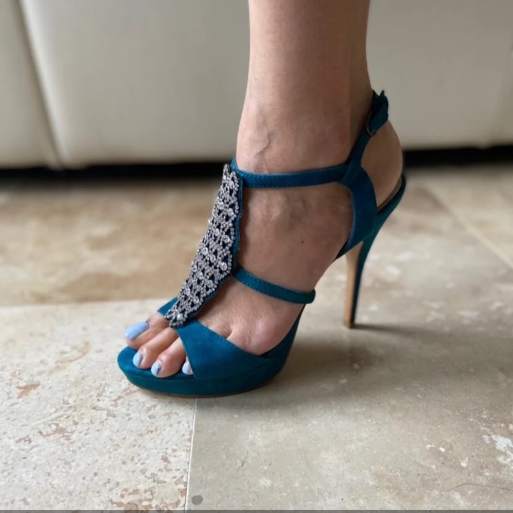 Pelle Moda Suede Teal Rhinestone Platform Heels